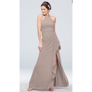David’s Bridal High Neck Chiffon Bridesmaid Dress w Cascade Biscotti Beige
